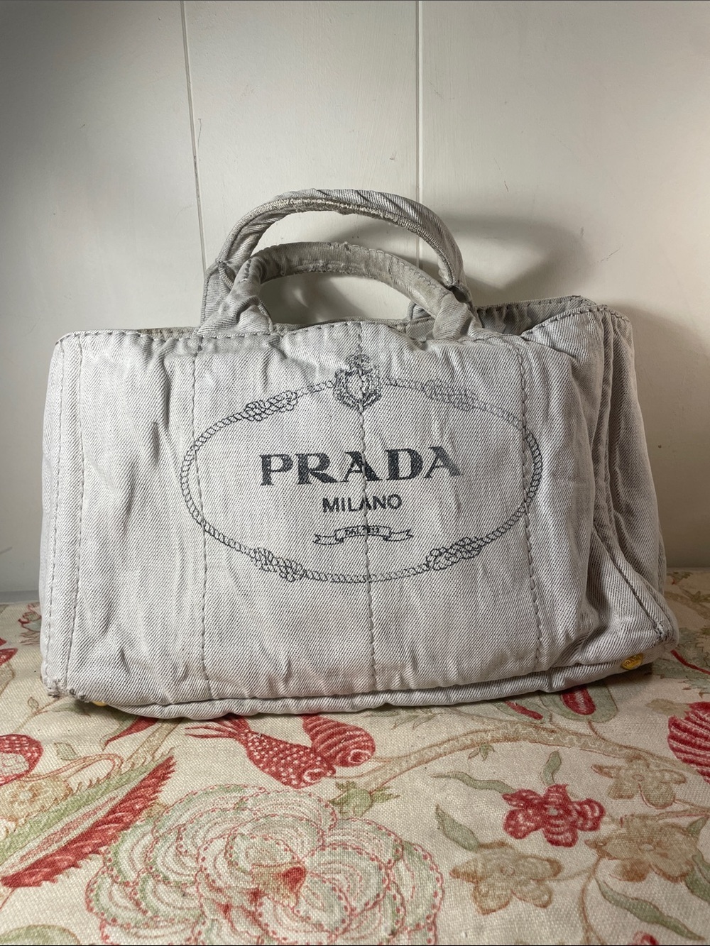 Prada Canapa Ligo Print Light Gray Denim Canvas Medium Tote